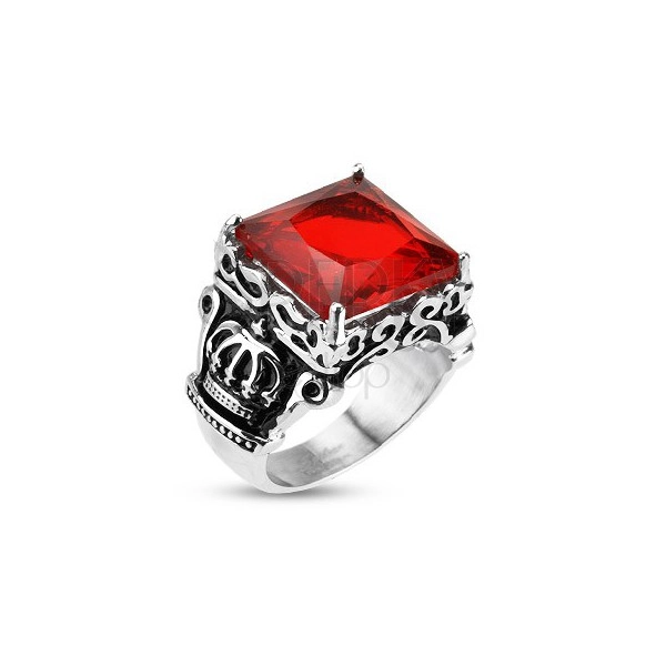 Ocelový prsten - královská koruna, červený zirkon
