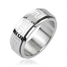 Ocelový prsten - otáčivý střed, řecký klíč, stříbrná barva