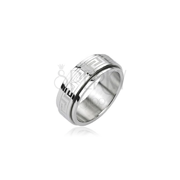 Ocelový prsten - otáčivý střed, řecký klíč, stříbrná barva