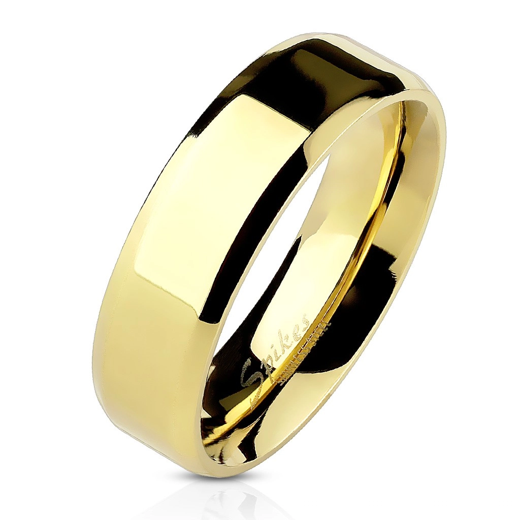 Ocelový prsten zlaté barvy, jemnější zkosené hrany, 6 mm - Velikost: 55