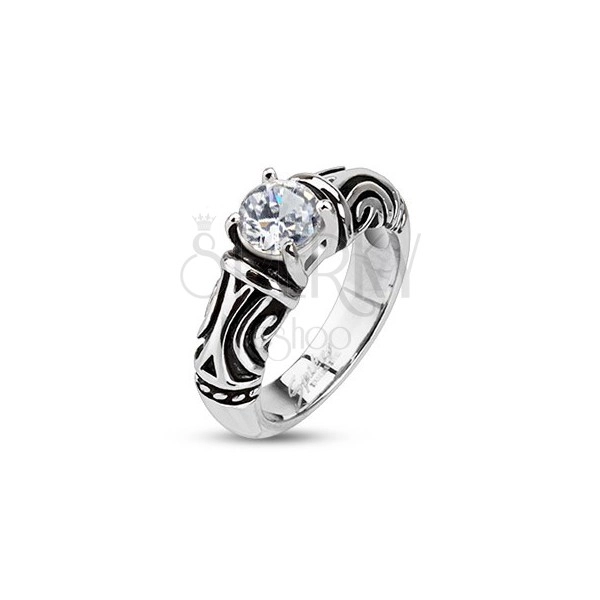 Ocelový dekorativní patinovaný prsten se zirkonem