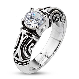 Ocelový dekorativní patinovaný prsten se zirkonem - Velikost: 51