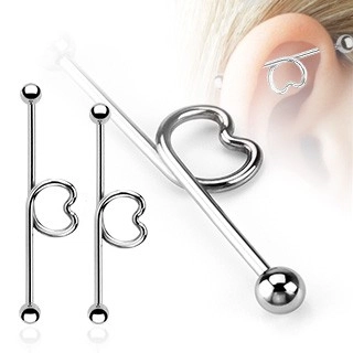 Ocelový piercing do ucha - tyčinka se srdcem a kuličkami - Délka piercingu: 38 mm