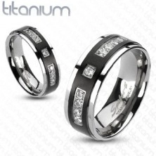 Prsten z titanu s matným černým pruhem a kamínky