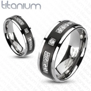 Prsten z titanu s matným černým pruhem a kamínky - Velikost: 57