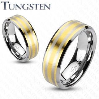 Wolframový prsten se dvěma pásky zlaté barvy - Velikost: 59