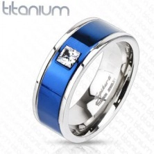 Titanový prsten s modrým pruhem a čtvercovým zirkonem