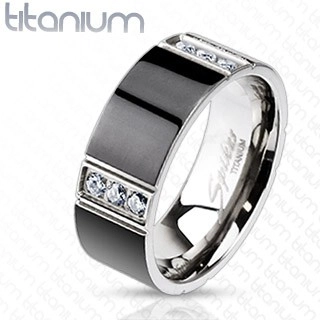 Prsten z titanu předělený čtyřmi řadami čirých zirkonů - Velikost: 68