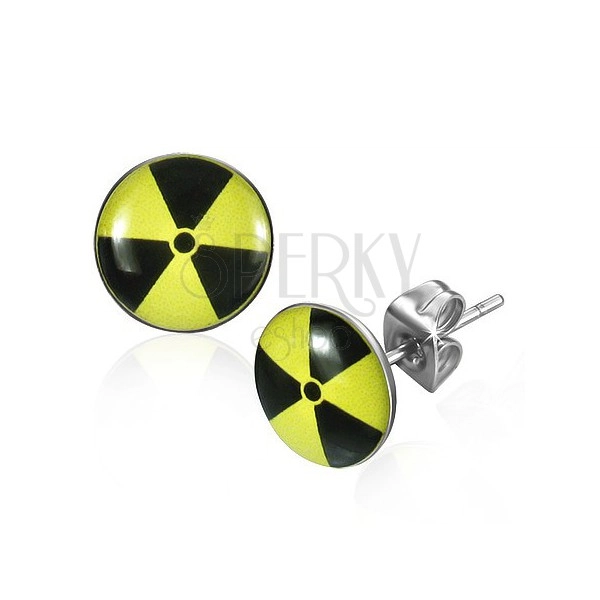 Kulaté ocelové náušnice - žlutočerný nukleární symbol