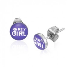 Náušničky z oceli s nápisem Party Girl, fialové
