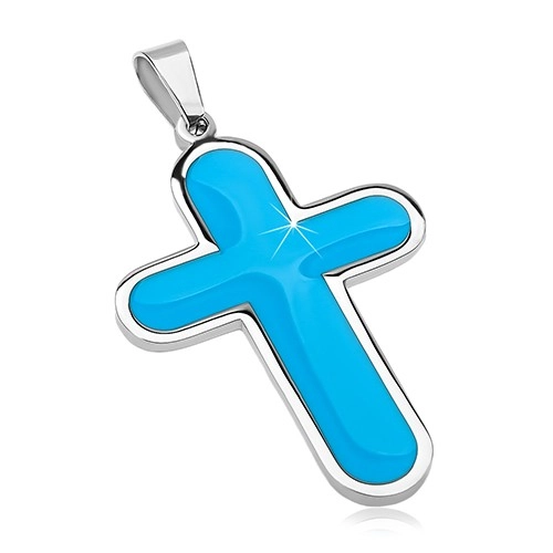 Levně Přívěsek z chirurgické oceli, velký kříž s modrým glazovaným vnitřkem