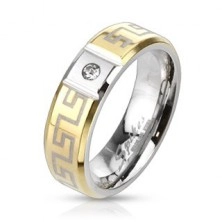 Ocelový prsten s řeckým vzorem - se zirkonem