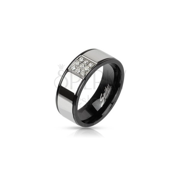 Prsten z oceli - stříbrný s černými okraji, zirkonový čtverec