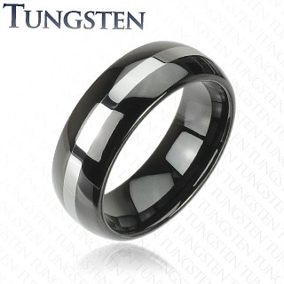 Černý wolframový prsten se stříbrným pruhem, 6 mm - Velikost: 55