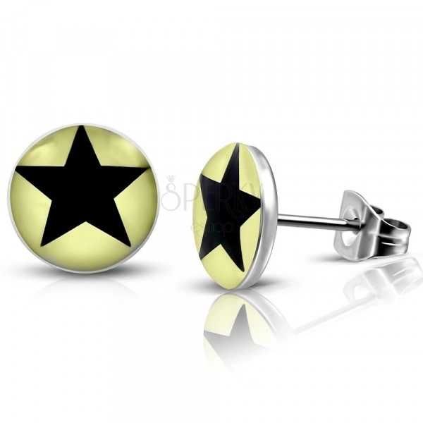 Ocelové náušnice - světle žluté kroužky s černou hvězdičkou, puzetky