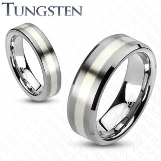 Wolframový prsten - matný šedý se stříbrným pásem - Velikost: 49, Šířka: 5 mm