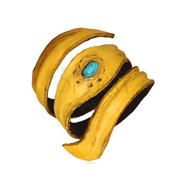 Kožený ohýbatelný náramek s tyrkysovým kamenem uprostřed, žlutý