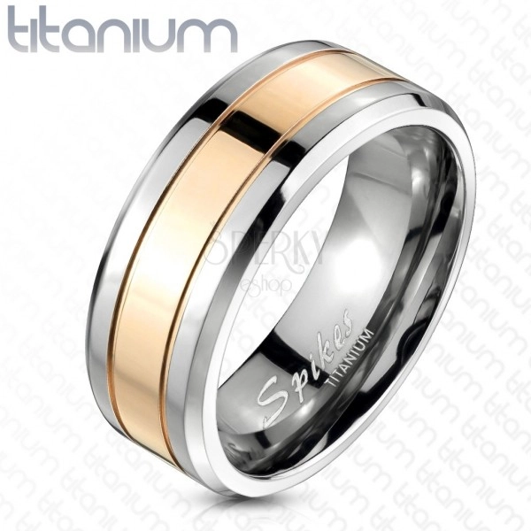 Titanový prsten s pásem růžovozlaté barvy, 8 mm