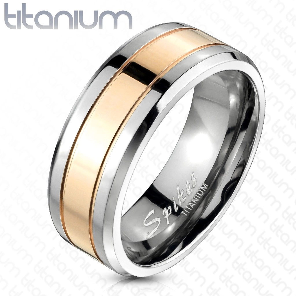 Titanový prsten s pásem růžovozlaté barvy, 8 mm - Velikost: 63