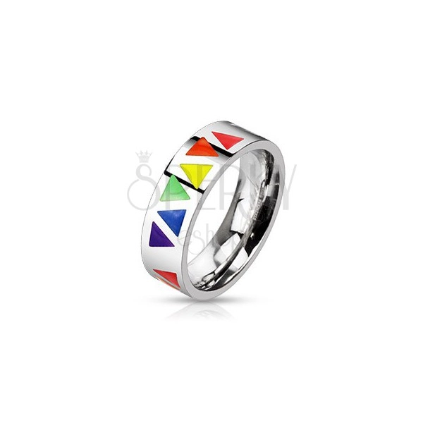 Ocelový prsten s barevnými trojúhelníky na stříbrném podkladu