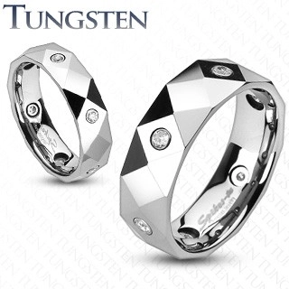 Prsten z wolframu s kosočtverci, trojúhelníky a zirkony - Šířka: 6 mm, Velikost: 64