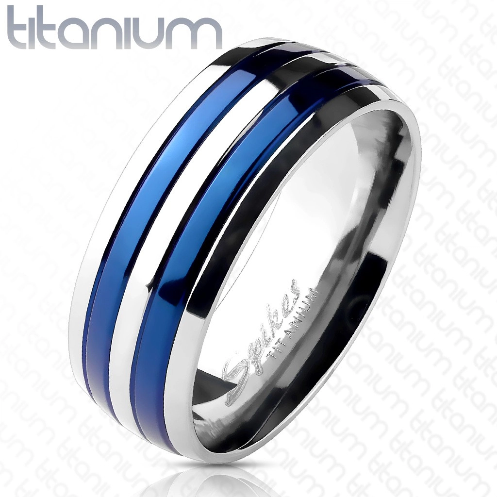 Prsten z titanu se dvěma modrými pruhy - Velikost: 55