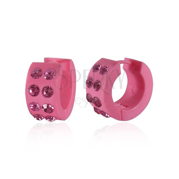 Akrylové náušnice - růžové kroužky s kamínky