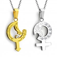 Ocelové přívěsky pro dvojici - zlatá a stříbrná barva, symboly muže a ženy s růží