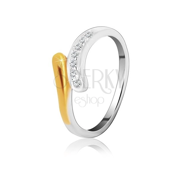 Stříbrný prsten 925 - zaoblená linie se zirkony a zlatým zbarvením
