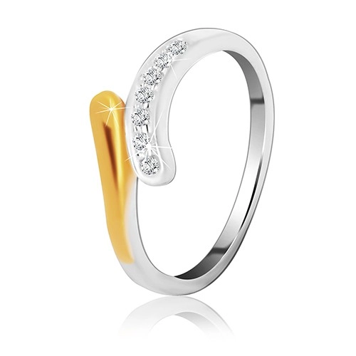 Stříbrný prsten 925 - zaoblená linie se zirkony a zlatým zbarvením - Velikost: 54