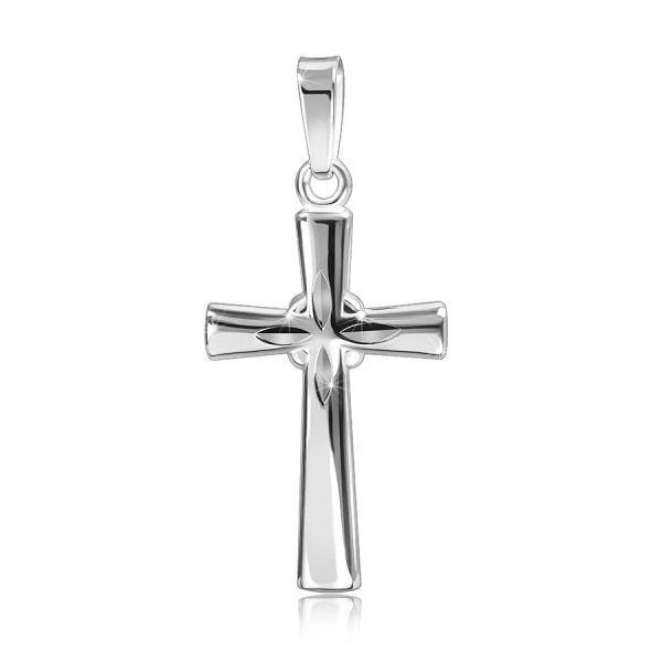 Stříbrný přívěsek 925 - lesklý kříž, gravírované paprsky