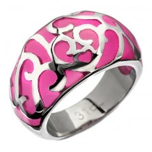Prsten z oceli - růžový s kovovou dekorací, srdíčko