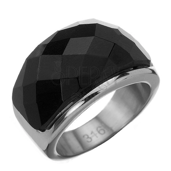 Ocelový prsten - velký černý kámen