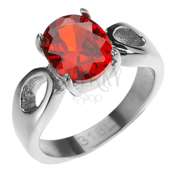 Ocelový prsten - vystouplý červený kámen, slzičky