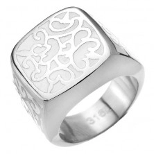 Pečatní ocelový prsten - bílý s kovovým zdobením