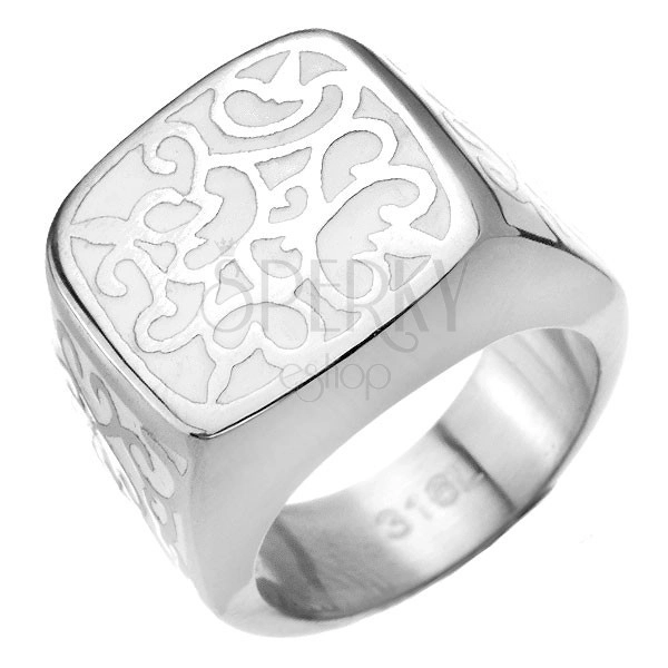 Pečatní ocelový prsten - bílý s kovovým zdobením