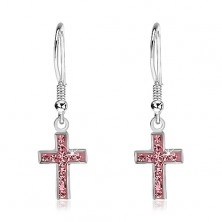Visící náušnice ze stříbra 925 - křížek s růžovými zirkony