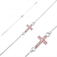 Stříbrný náramek 925 - křížek s růžovými zirkony