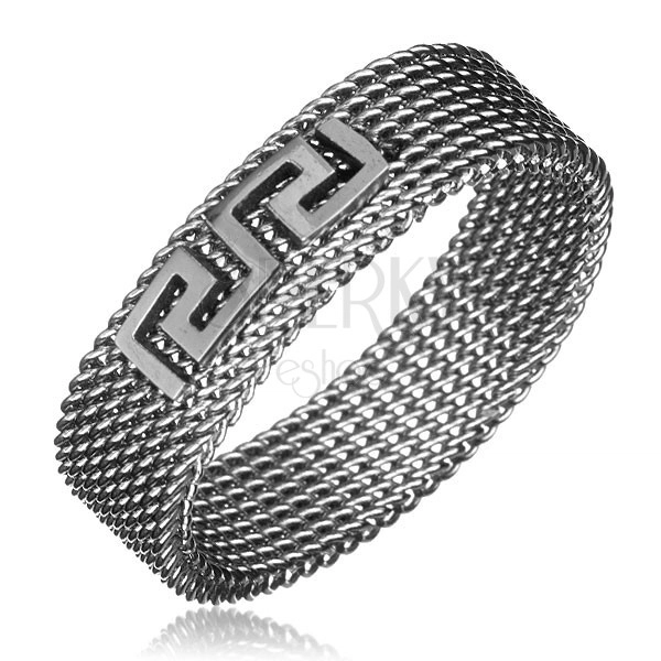 Prsten z oceli - řetízkový s řeckým klíčem, stříbrný, 6 mm