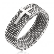 Prsten z oceli - řetízkový řemínek s křížem, stříbrný, 8 mm