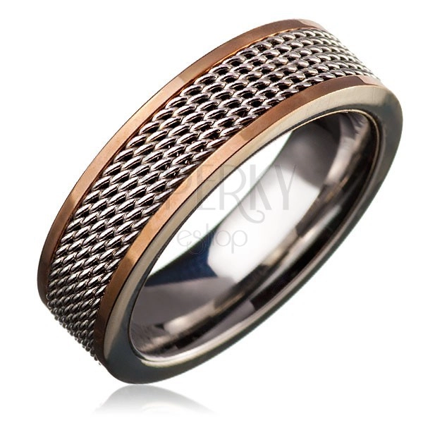Ocelový prsten - řetízkový středový pás, zlatý lem