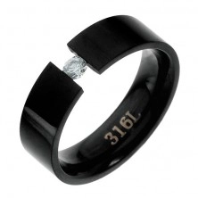 Ocelový prsten - ve středu předělený zirkonem, černý, 6 mm