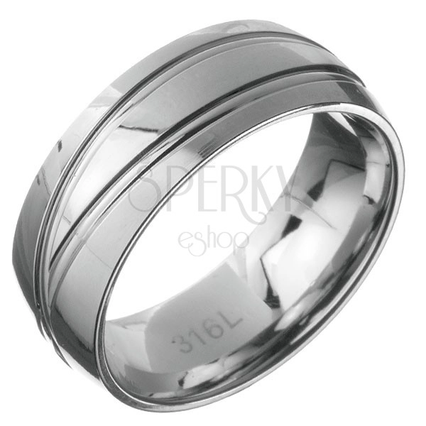 Ocelový prsten - obroučka se dvěma dvojitými čarami