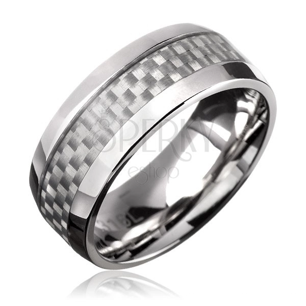 Prsten z oceli - obroučka, bílý karbonový pás