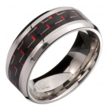 Ocelový prsten - černý a červený vzor karbonového vlákna