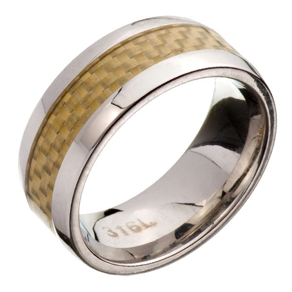 Prsten z oceli - obroučka, žlutý karbonový pás - Velikost: 59
