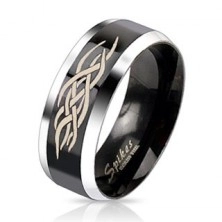 Ocelový prsten - černý pás s ornamentem