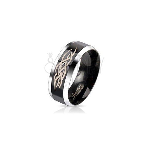 Ocelový prsten - černý pás s ornamentem