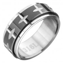 Ocelový prsten - černo-stříbrný, pohyblivý pás se vzorem kříže