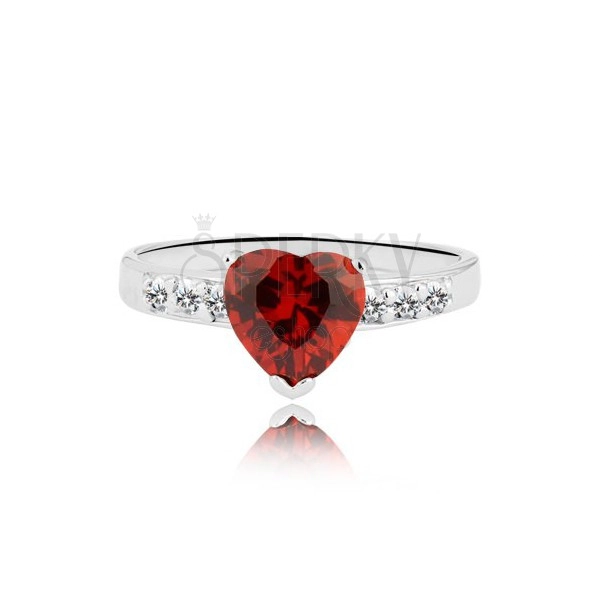 Prsten ze stříbra 925 - červené zirkonové srdce a zirkonová linie